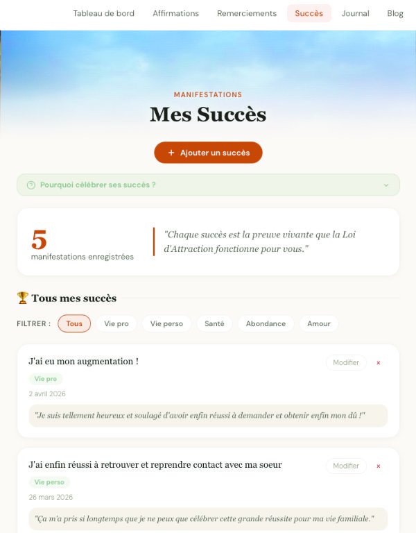 Journal des succès — manifestations enregistrées par catégorie — e-attraction.coach